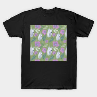 Unicorn and Hibiscus Pink Green Floral Pattern T-Shirt